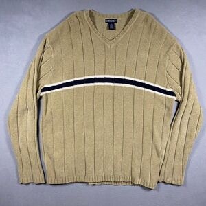 Vintage Cherokee V-Neck Sweater Mens XXL Tan Ribbed Knit Navy Stripe Long Sleeve